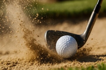 Golf Club Hitting Ball from Sand Trap with Flying Sand Dust and Close-up Focus on Action