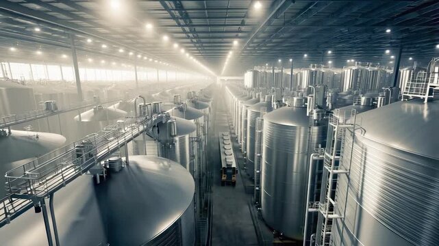 Sprawling industrial complex with rows of massive cylindrical tanks and intersecting pipe networks. futuristic autonomous vehicle navigates between towering storage units. Vast refinery landscape