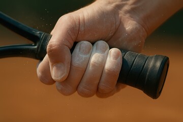 Close-Up of a Hand Gripping a Tennis Racket on a Clay Court with Dust Particles Flying