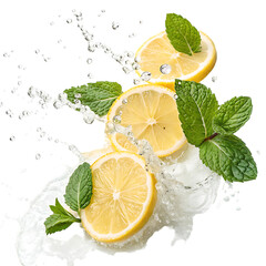 Fresh lemon slices and mint leaves with water splash isolated on transparent background