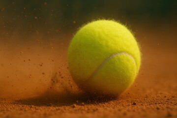 Bright Yellow Tennis Ball Rolling on Dusty Clay Court Surface during Match Play Action Scene