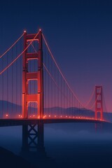 Naklejka premium Minimal vector illustration of Golden Gate Bridge lit up at night with red towers and suspension cables stretching across a foggy bay under a clear indigo sky