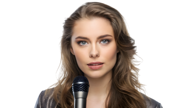 A beautiful young brunette woman with a microphone sings with glamour during a concert show