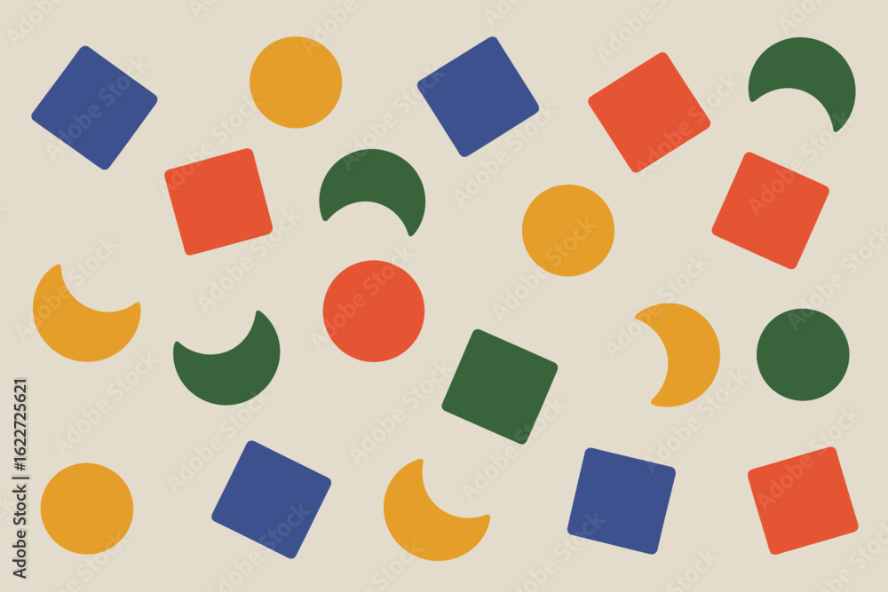 Poster a pattern of geometric shapes including circles squares and crescents in various colors on a light b