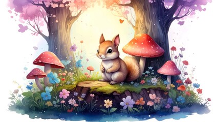 Kawaii Watercolor Chipmunk with Mushrooms
