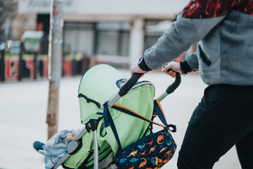 A person navigates a stroller through a city sidewalk, showcasing care giving and outdoor...