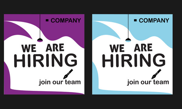 We are hiring creative poster design, Vacancy here social media post vector, Join our team vacancy hiring post recruitment advertising template.Hiring Job advertisement flyer template design. 
