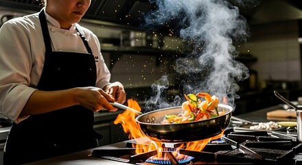 A professional chef in a commercial kitchen expertly tossing colorful ingredients in a flaming pan over a gas stove, generating smoke and intense heat.
