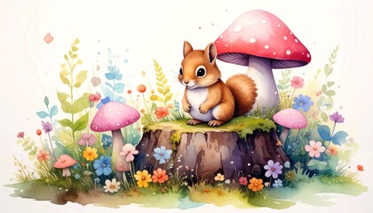 Kawaii Watercolor Chipmunk with Mushrooms