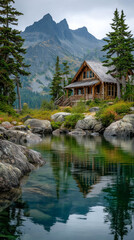 Obraz premium Cabin retreat near a serene lake reflecting majestic mountains in the background on a cloudy day