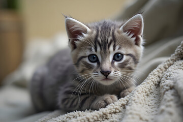 Adorable Kitten Portrait Lying on Soft Blanket with Cute Expression