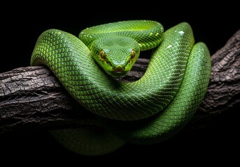Obraz premium Vibrant green viper resting gracefully on a dark wooden branch
