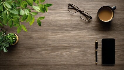 Desk with coffee plant glasses smartphone and pen.