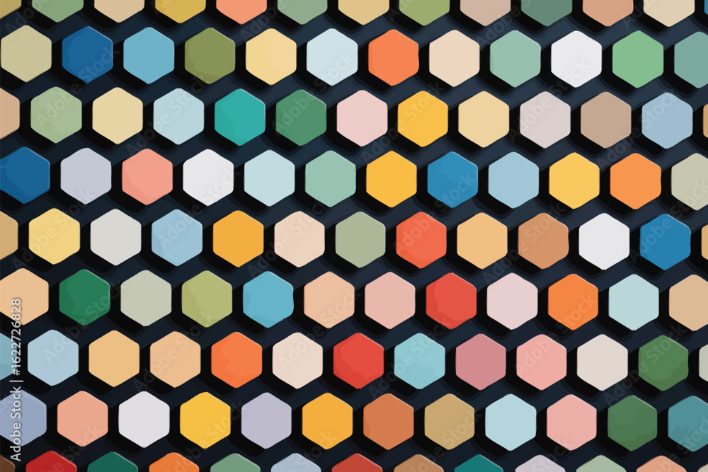Poster a top down view of a pattern of colorful hexagons arranged closely together on a dark background