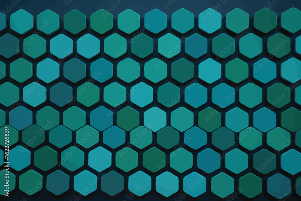 Poster a teal and green hexagonal pattern fills the frame with a dark background and slight variations in c