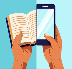 Hands holding book and smartphone comparison on blue background