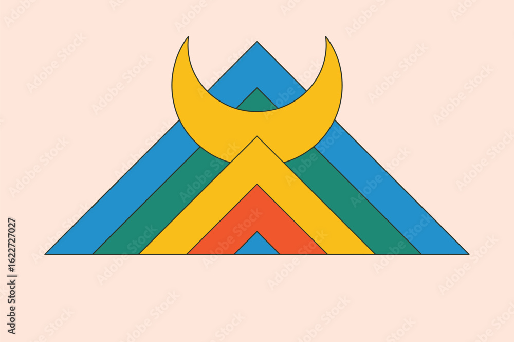 Aufkleber a colorful layered triangle design with a yellow crescent shape on a light peach colored background