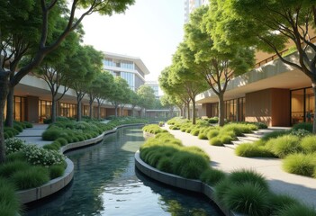 Naklejka premium innovative park designs embracing natural landscaping elements biophilic integration green spaces serenity, flora, fauna, tree, pathway, meadow, garden