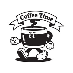 A vector illustration of a cheerful cartoon coffee cup character with a beaming smile and a playful wink. 