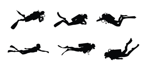 Set of scuba diver silhouette vector icons