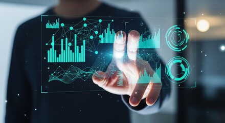 Person Interacting with Holographic Data Visualization: Charts, Graphs, and Network