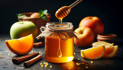  styled photograph of golden honey being drizzled from a wooden honey dipper into a glass jar tied with rustic twine