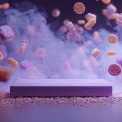 Colorful candy pieces float in mid-air around a purple platform and fog. Sweet fantasy scene with copy space for product.