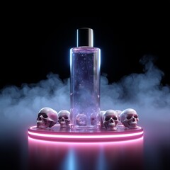 Transparent bottle filled with pink liquid placed on glowing neon podium surrounded by skulls and fog. Ideal for product ads. Copy space included.