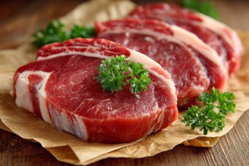 Fresh cut beef steaks displayed on parchment paper with parsley garnish and rustic wooden background