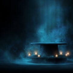 Moody blue pedestal in foggy scene with glowing candles. Designed for luxury product advertisement, branding mockups or Halloween-themed visuals. Includes copy space.