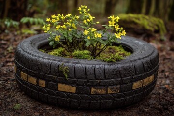 Creative use of old tire as planter with yellow flowers and moss in a forest setting during daytime