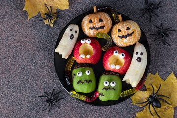 Fruit monsters and ghosts for Halloween party, Top view