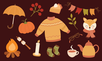 Hand drawn vector set autumn elements. Fall leaves, campfire, sock, fox, pumpkins, and more. Harvest time. Autumn floral stickers. Vector illustration