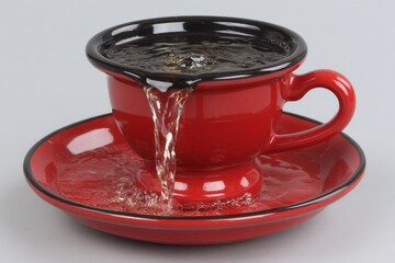 Overflowing red cup on a saucer with tea spilling over in a creative still life composition