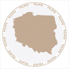 Poland round logo design. Country shape build of rings. Poland text around the country. Vector Illustration.
