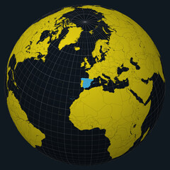 Spain on Globe. Country view on the world map in Charcoal Bright Yellow color palette. Spain shape on map. Globe with meridians, parallels, countries, rivers and lakes. Creative vector illustration.
