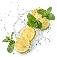 Fresh lemon slices and mint leaves with water splash isolated on transparent background