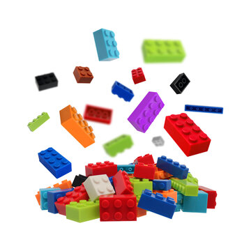falling pile of colored building blocks on transparent background png