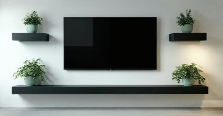 Modern interior features wall mounted tv, floating shelves. Plants add life, creating minimalist aesthetic. Clean lines, neutral tones dominate space.