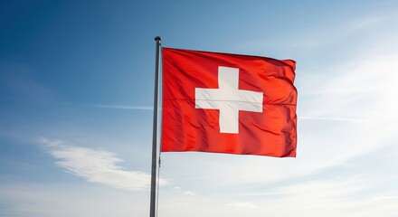 Swiss Flag billowing in a clear blue sky, national symbol of Switzerland