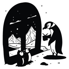 Penguin presenting a gift to penguins near a winter landscape in black and white