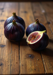Fresh Figs on Wooden Surface: Whole and Sliced with Vibrant Purple Interior