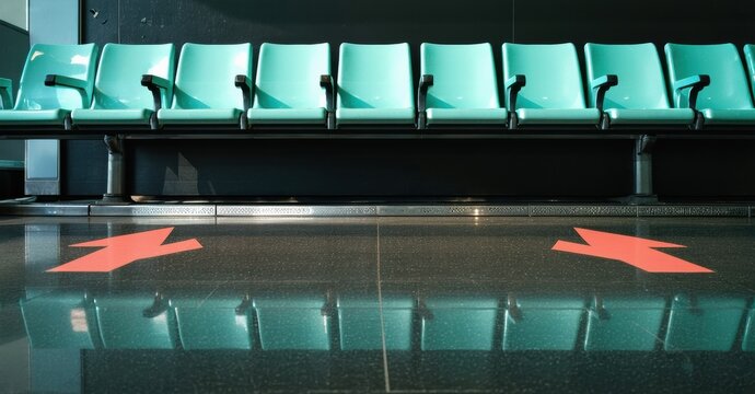 Empty airport seating area. Teal chairs line wall. Red arrows indicate direction. Reflective floor creates symmetry. Quiet, sterile environment.