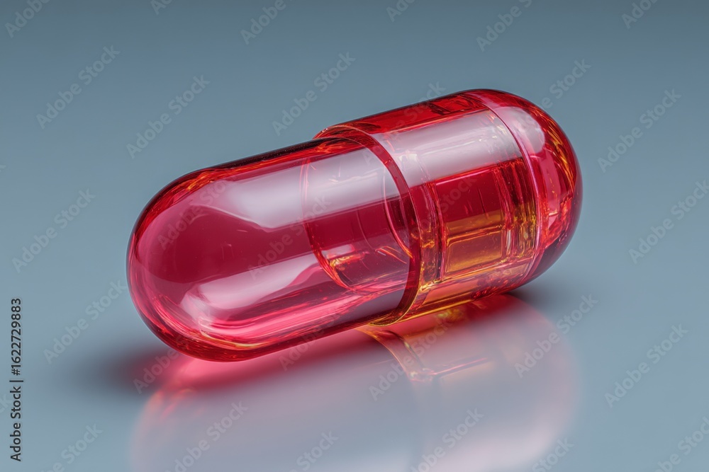 Poster large red capsule lying on a reflective surface with a smooth finish showcasing its transparent qual