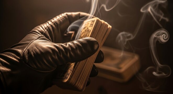A gloved hand holds a deck of tarot cards. Wisps of smoke rise in the background, creating a mysterious atmosphere. The scene evokes a Halloween theme. - Powered by Adobe