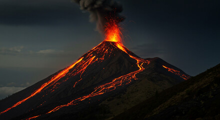 A volcano erupting with lava flowing down its sides under a dark sky with smoke and ash rising
