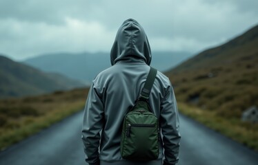 Lone hiker with backpack contemplating scenic mountain landscape. Perfect for travel, adventure, outdoor lifestyle and wellness concepts.