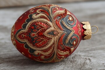 Decorative red and gold ornament resting on wooden surface during festive season