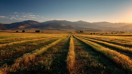 Obraz premium Golden hour sunlight over rows of crops with mountains in the background.