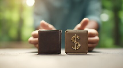 Two wallets rest on a surface one with a dollar sign symbol being protected by hands in the blurred background outdoors